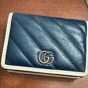 Gucci Navy Quilted Leather Card Holder with White Trim & silver GG